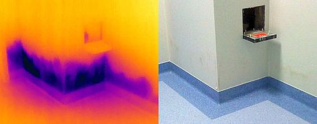 Zawilgocenie ściany niewidoczne gołym okiem, zarejestrowane kamerą termowizyjną FLIR T620bx
