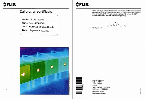 Certyfikat kalibracji kamery FLIR T620 bx S/N 55906830